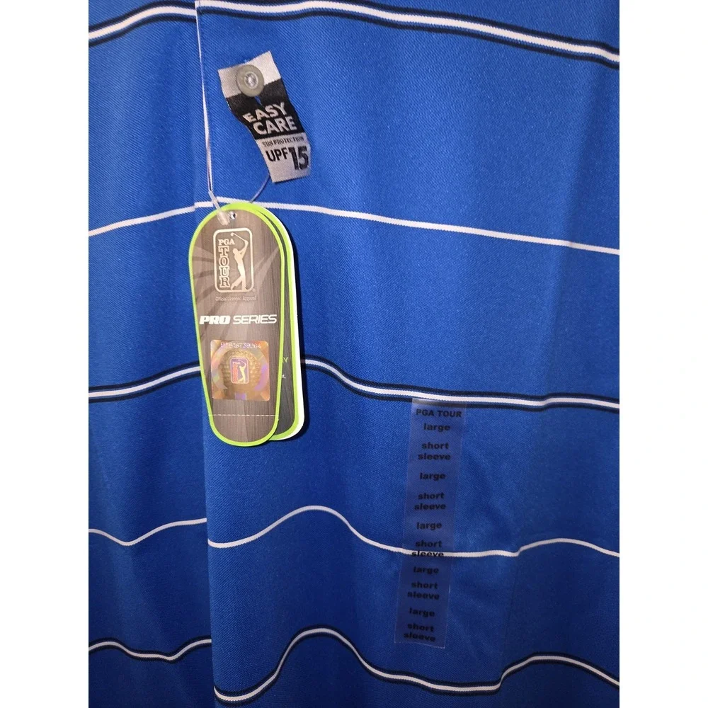 PGA Tour - Pro Series Athletic Fit Golf‎ Polo - Blue Striped L UV PROTECTION NWT